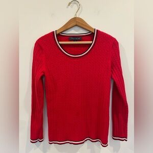 Tommy Hilfiger Red Cable Knit Sweater with striped neckline for Americana feel